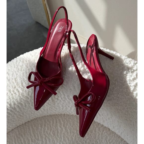 ZARA Patent Pointed Toe Slingback Heels NWT – Red Bow Pumps, Size 6.5–10 - Picture 10 of 16